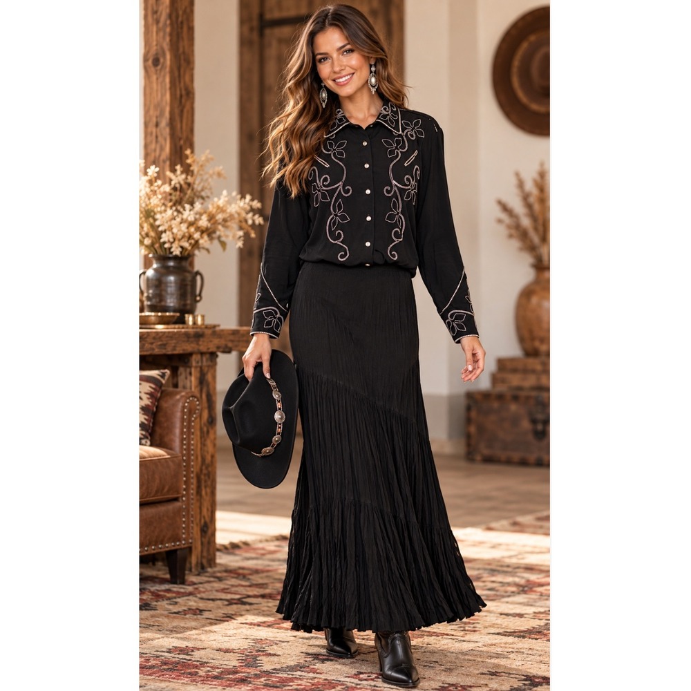 DOUBLE D RANCHWEAR Black Crinkle Rayon Broomstick Top Maxi Skirt Set M L